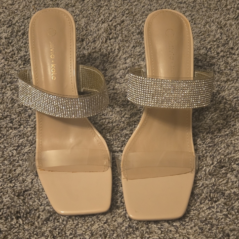 Cream and Silver Heels with Rhinestone Embellishments